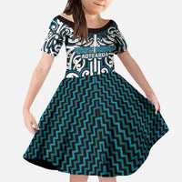 Custom Aotearoa Ngati Porou Kid Short Sleeve Dress Maori Tribal Pattern Mix Poutama LT05 KID Blue - Polynesian Pride