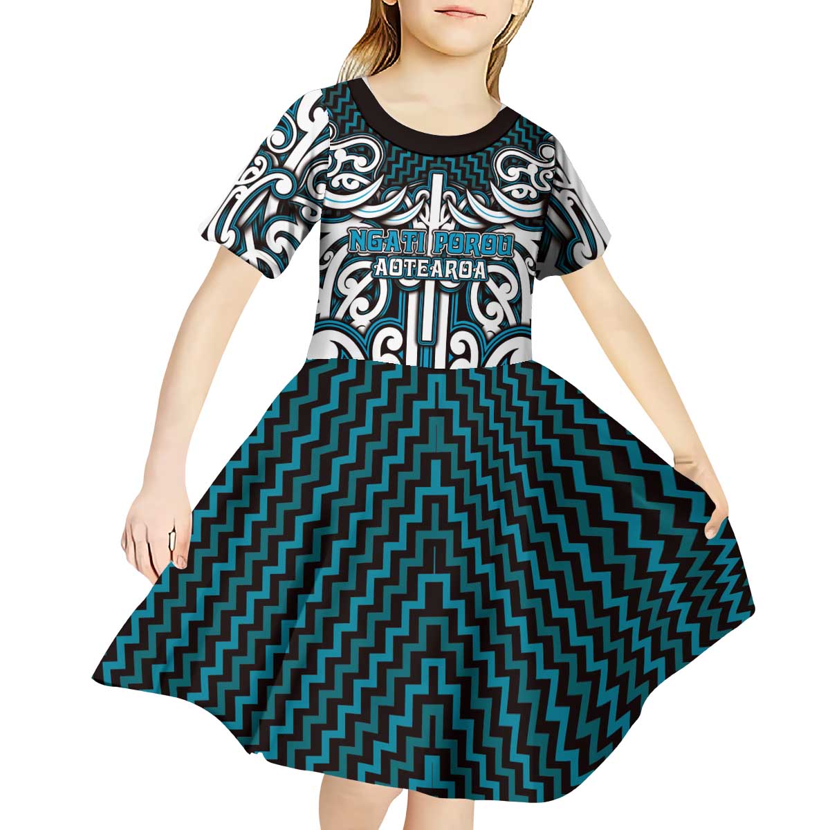 Custom Aotearoa Ngati Porou Kid Short Sleeve Dress Maori Tribal Pattern Mix Poutama LT05 - Polynesian Pride