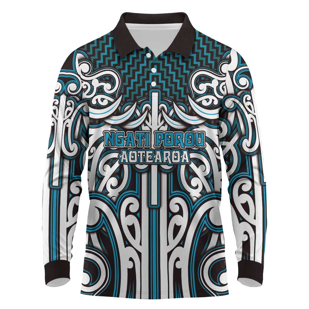 Custom Aotearoa Ngati Porou Long Sleeve Polo Shirt Maori Tribal Pattern Mix Poutama LT05 Blue - Polynesian Pride