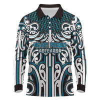 Custom Aotearoa Ngati Porou Long Sleeve Polo Shirt Maori Tribal Pattern Mix Poutama LT05 Blue - Polynesian Pride