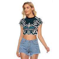 Custom Aotearoa Ngati Porou Raglan Cropped T Shirt Maori Tribal Pattern Mix Poutama LT05 Female Blue - Polynesian Pride