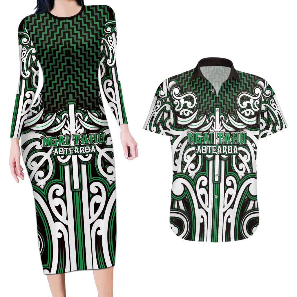 Custom Aotearoa Ngai Tahu Couples Matching Long Sleeve Bodycon Dress and Hawaiian Shirt Maori Tribal Pattern Mix Poutama