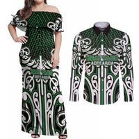 Custom Aotearoa Ngai Tahu Couples Matching Off Shoulder Maxi Dress and Long Sleeve Button Shirt Maori Tribal Pattern Mix Poutama LT05 Green - Polynesian Pride
