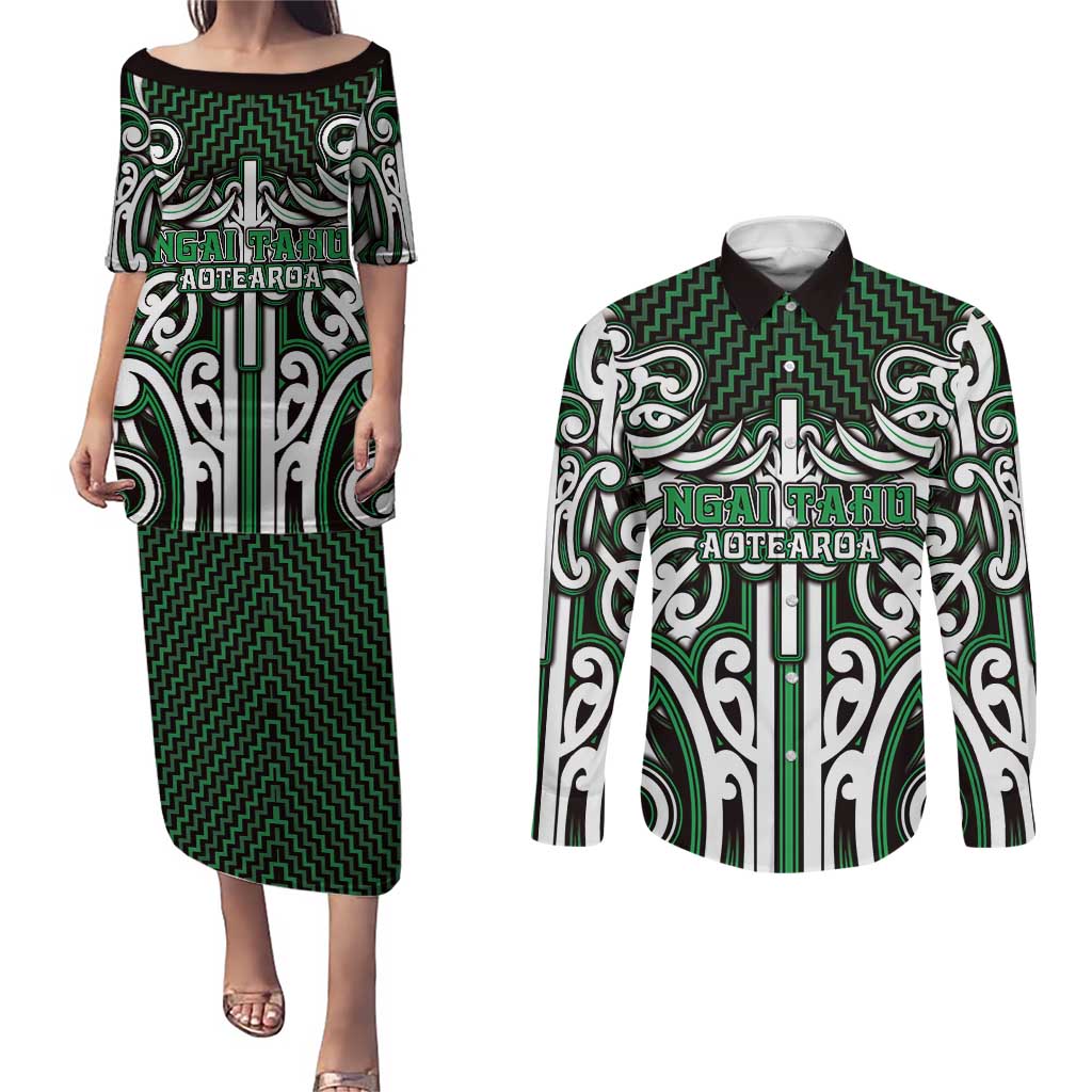 Custom Aotearoa Ngai Tahu Couples Matching Puletasi and Long Sleeve Button Shirt Maori Tribal Pattern Mix Poutama