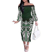 Custom Aotearoa Ngai Tahu Family Matching Off The Shoulder Long Sleeve Dress and Hawaiian Shirt Maori Tribal Pattern Mix Poutama