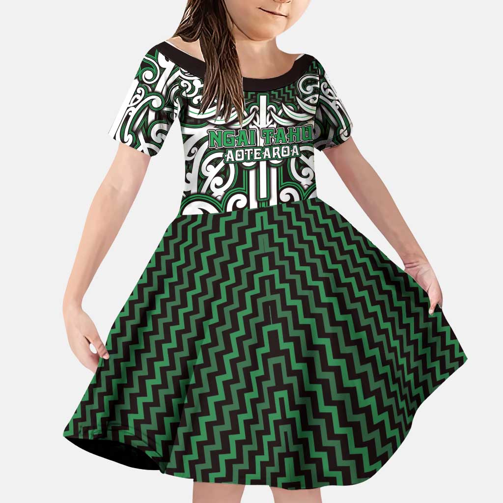 Custom Aotearoa Ngai Tahu Family Matching Summer Maxi Dress and Hawaiian Shirt Maori Tribal Pattern Mix Poutama LT05 Daughter's Dress Green - Polynesian Pride