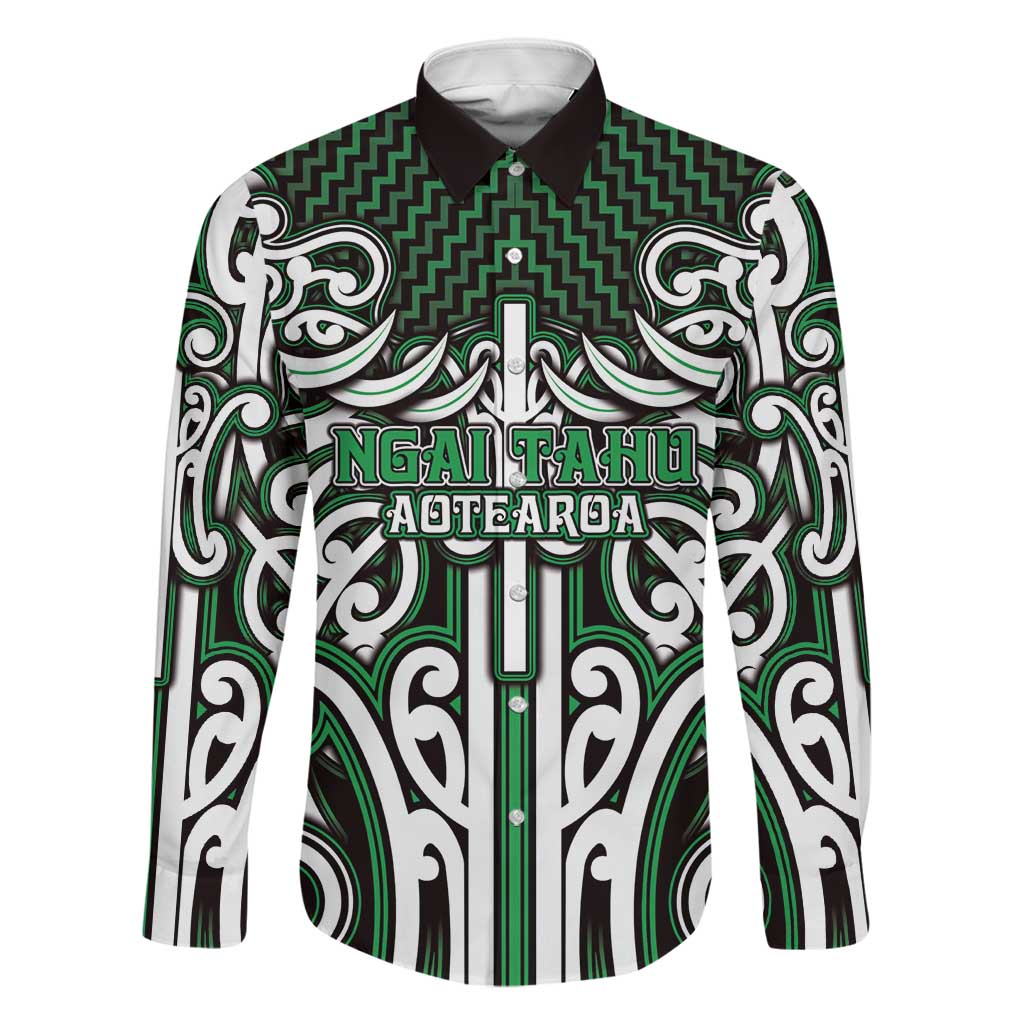 Custom Aotearoa Ngai Tahu Family Matching Summer Maxi Dress and Hawaiian Shirt Maori Tribal Pattern Mix Poutama LT05 Dad's Shirt - Long Sleeve Green - Polynesian Pride