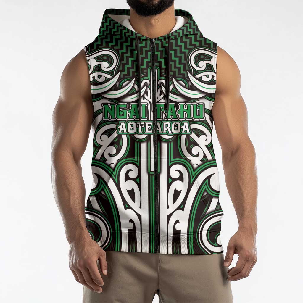Custom Aotearoa Ngai Tahu Sleeveless Zip Hoodie Maori Tribal Pattern Mix Poutama