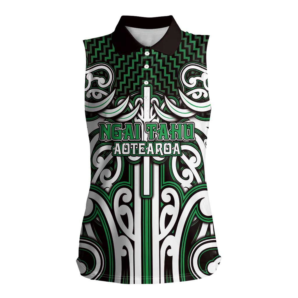 Custom Aotearoa Ngai Tahu Women Sleeveless Polo Shirt Maori Tribal Pattern Mix Poutama LT05 Female Green - Polynesian Pride