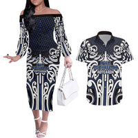 Custom Aotearoa Ngati Tuwharetoa Couples Matching Off The Shoulder Long Sleeve Dress and Hawaiian Shirt Maori Tribal Pattern Mix Poutama LT05 Navy - Polynesian Pride