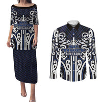 Custom Aotearoa Ngati Tuwharetoa Couples Matching Puletasi and Long Sleeve Button Shirt Maori Tribal Pattern Mix Poutama