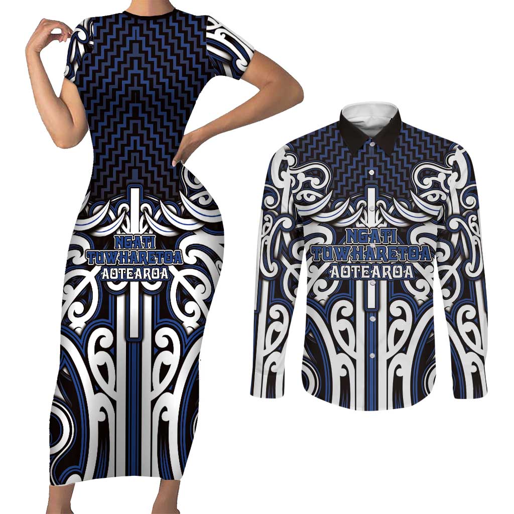 Custom Aotearoa Ngati Tuwharetoa Couples Matching Short Sleeve Bodycon Dress and Long Sleeve Button Shirt Maori Tribal Pattern Mix Poutama