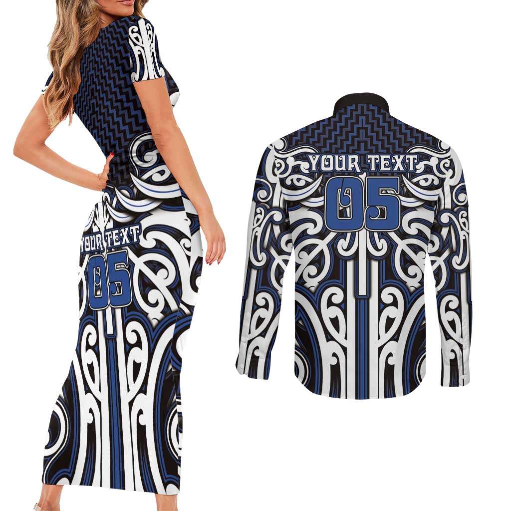 Custom Aotearoa Ngati Tuwharetoa Couples Matching Short Sleeve Bodycon Dress and Long Sleeve Button Shirt Maori Tribal Pattern Mix Poutama