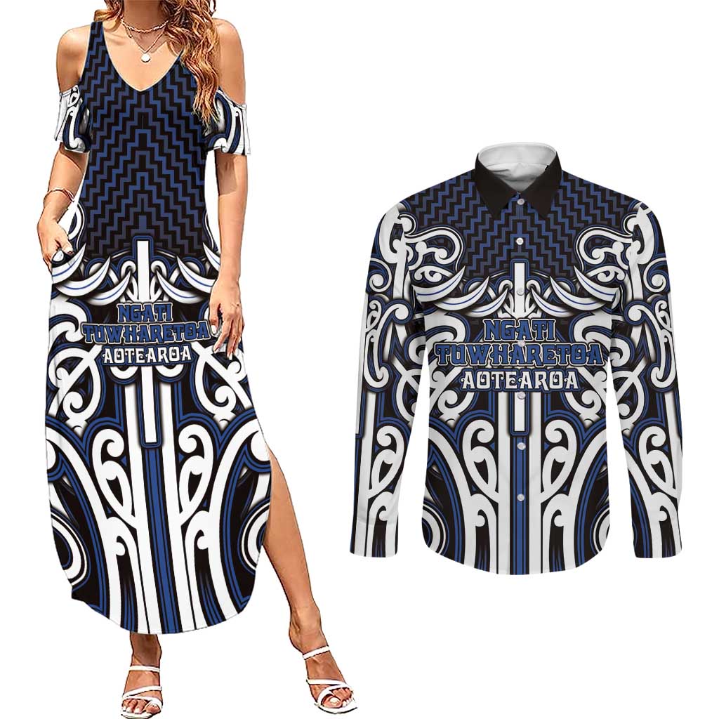 Custom Aotearoa Ngati Tuwharetoa Couples Matching Summer Maxi Dress and Long Sleeve Button Shirt Maori Tribal Pattern Mix Poutama