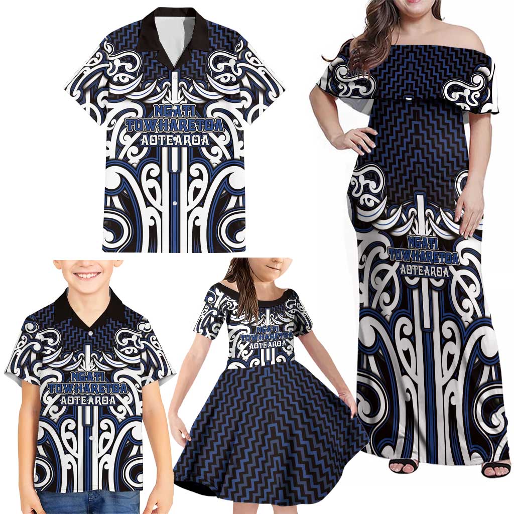 Custom Aotearoa Ngati Tuwharetoa Family Matching Off Shoulder Maxi Dress and Hawaiian Shirt Maori Tribal Pattern Mix Poutama