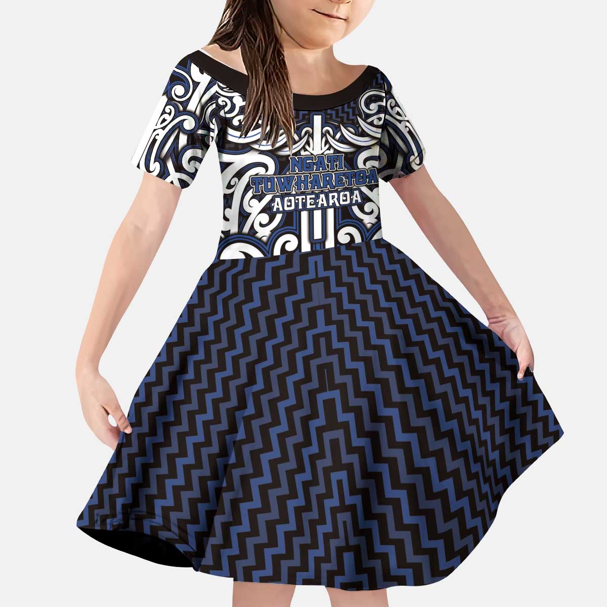 Custom Aotearoa Ngati Tuwharetoa Kid Short Sleeve Dress Maori Tribal Pattern Mix Poutama