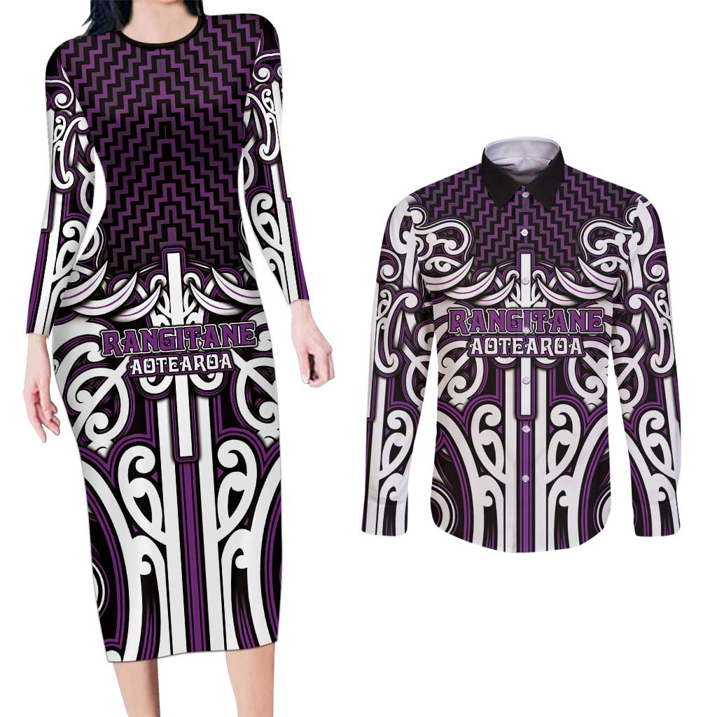 Custom Aotearoa Rangitane Couples Matching Long Sleeve Bodycon Dress and Long Sleeve Button Shirt Maori Tribal Pattern Mix Poutama