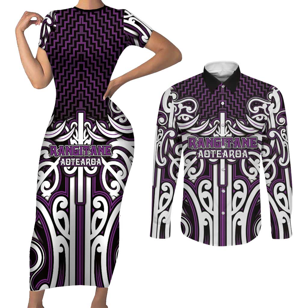 Custom Aotearoa Rangitane Couples Matching Short Sleeve Bodycon Dress and Long Sleeve Button Shirt Maori Tribal Pattern Mix Poutama
