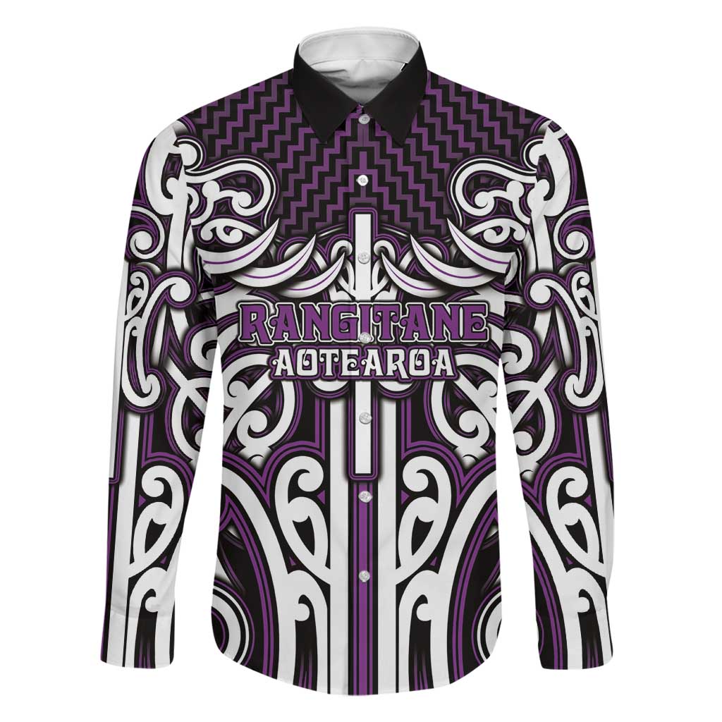 Custom Aotearoa Rangitane Family Matching Long Sleeve Bodycon Dress and Hawaiian Shirt Maori Tribal Pattern Mix Poutama LT05 Dad's Shirt - Long Sleeve Purple - Polynesian Pride
