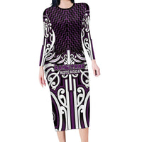 Custom Aotearoa Rangitane Family Matching Long Sleeve Bodycon Dress and Hawaiian Shirt Maori Tribal Pattern Mix Poutama LT05 Mom's Dress Purple - Polynesian Pride
