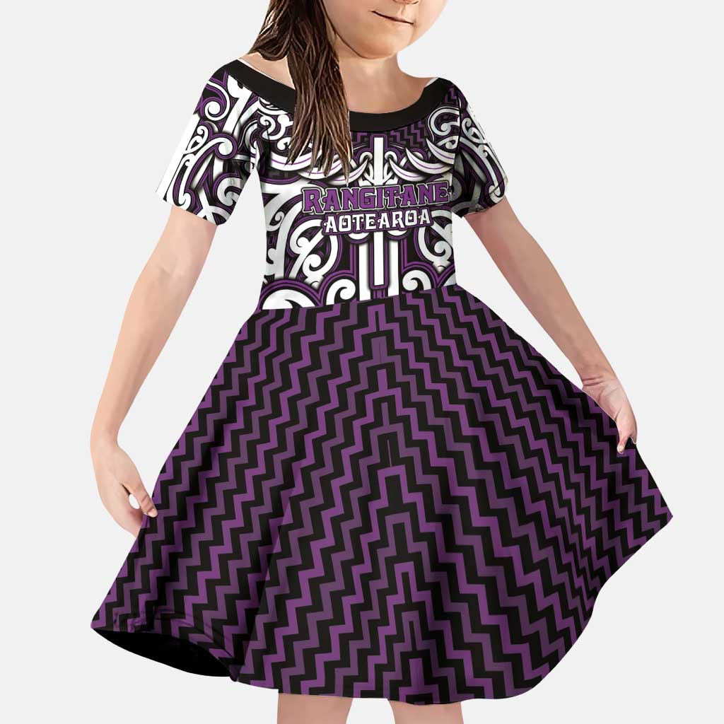Custom Aotearoa Rangitane Family Matching Mermaid Dress and Hawaiian Shirt Maori Tribal Pattern Mix Poutama LT05 Daughter's Dress Purple - Polynesian Pride