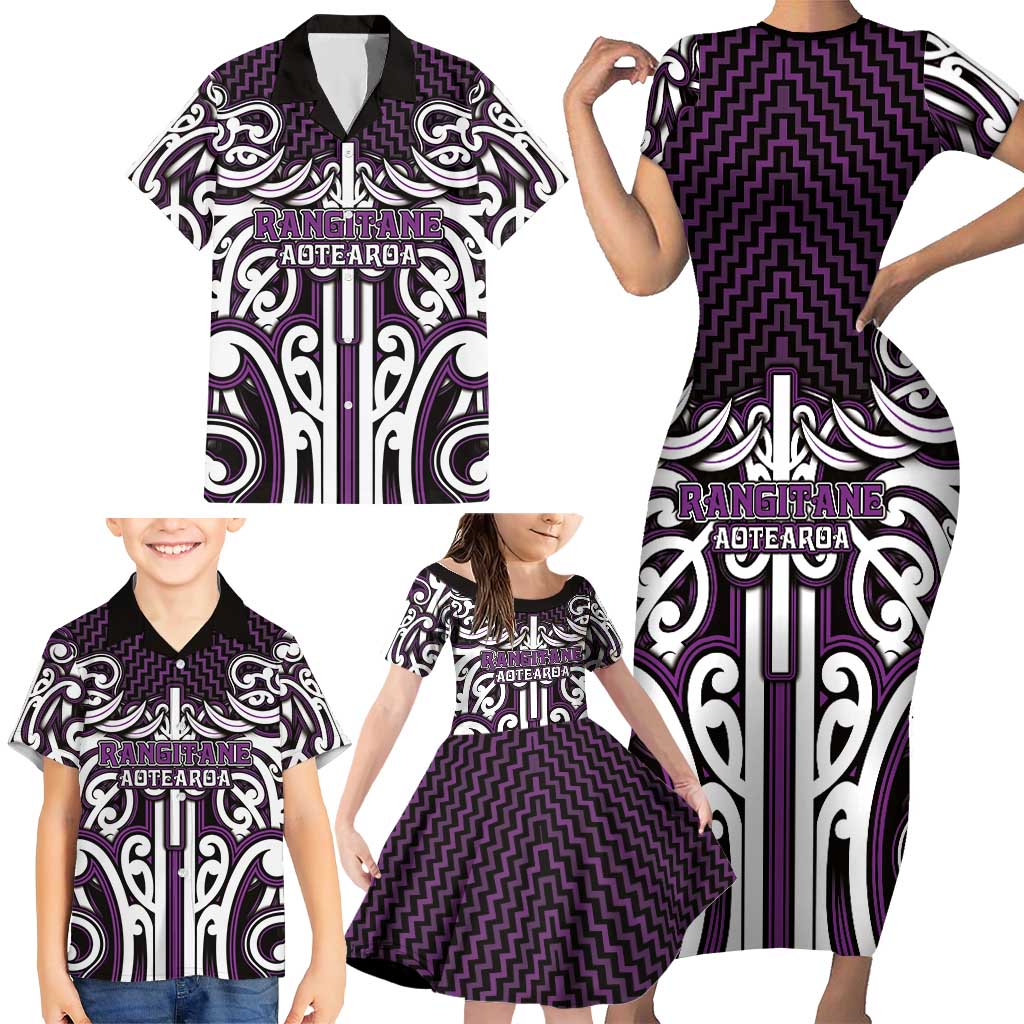 Custom Aotearoa Rangitane Family Matching Short Sleeve Bodycon Dress and Hawaiian Shirt Maori Tribal Pattern Mix Poutama