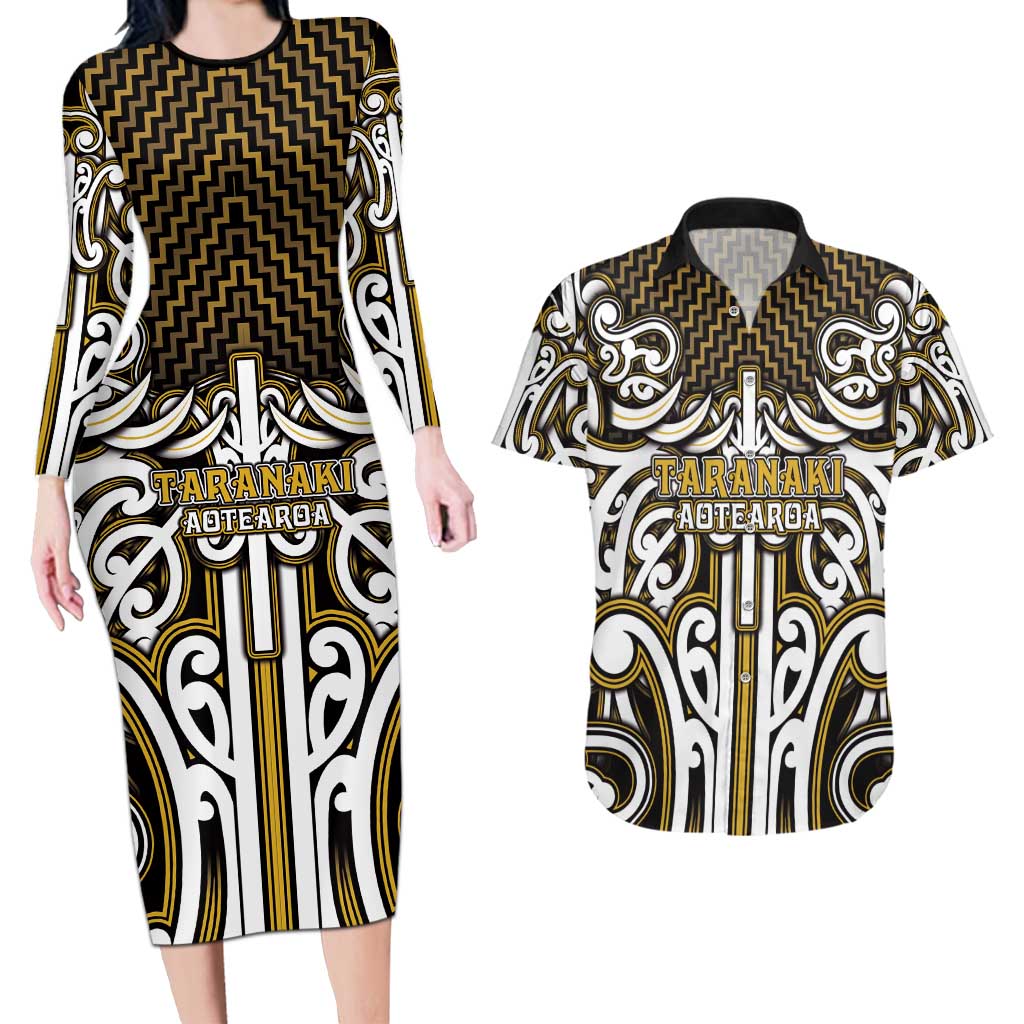 Custom Aotearoa Taranaki Couples Matching Long Sleeve Bodycon Dress and Hawaiian Shirt Maori Tribal Pattern Mix Poutama