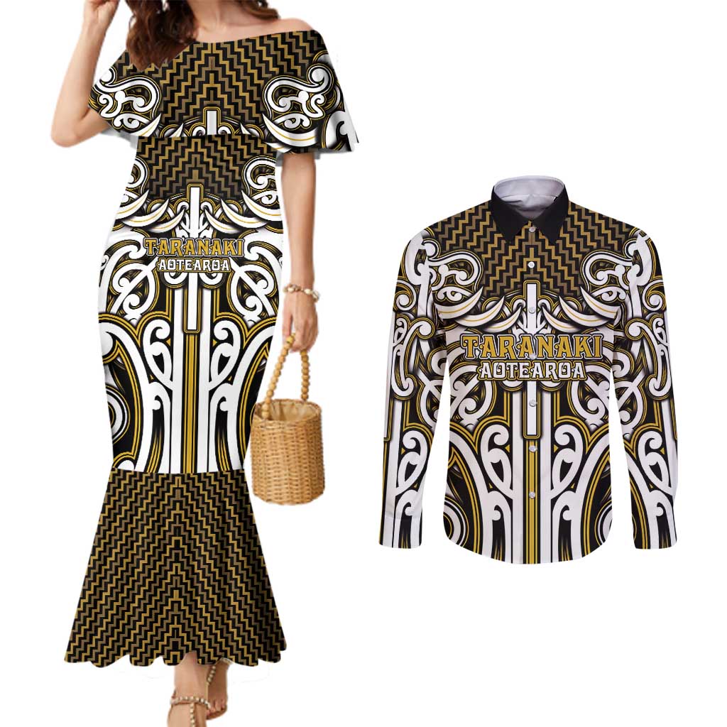 Custom Aotearoa Taranaki Couples Matching Mermaid Dress and Long Sleeve Button Shirt Maori Tribal Pattern Mix Poutama
