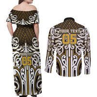 Custom Aotearoa Taranaki Couples Matching Off Shoulder Maxi Dress and Long Sleeve Button Shirt Maori Tribal Pattern Mix Poutama LT05 - Polynesian Pride