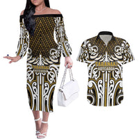 Custom Aotearoa Taranaki Couples Matching Off The Shoulder Long Sleeve Dress and Hawaiian Shirt Maori Tribal Pattern Mix Poutama LT05 Yellow - Polynesian Pride
