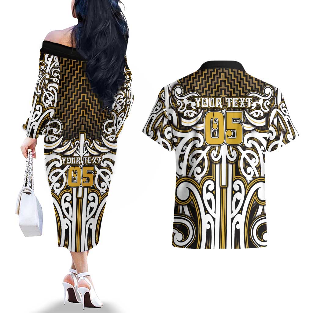 Custom Aotearoa Taranaki Couples Matching Off The Shoulder Long Sleeve Dress and Hawaiian Shirt Maori Tribal Pattern Mix Poutama LT05 - Polynesian Pride