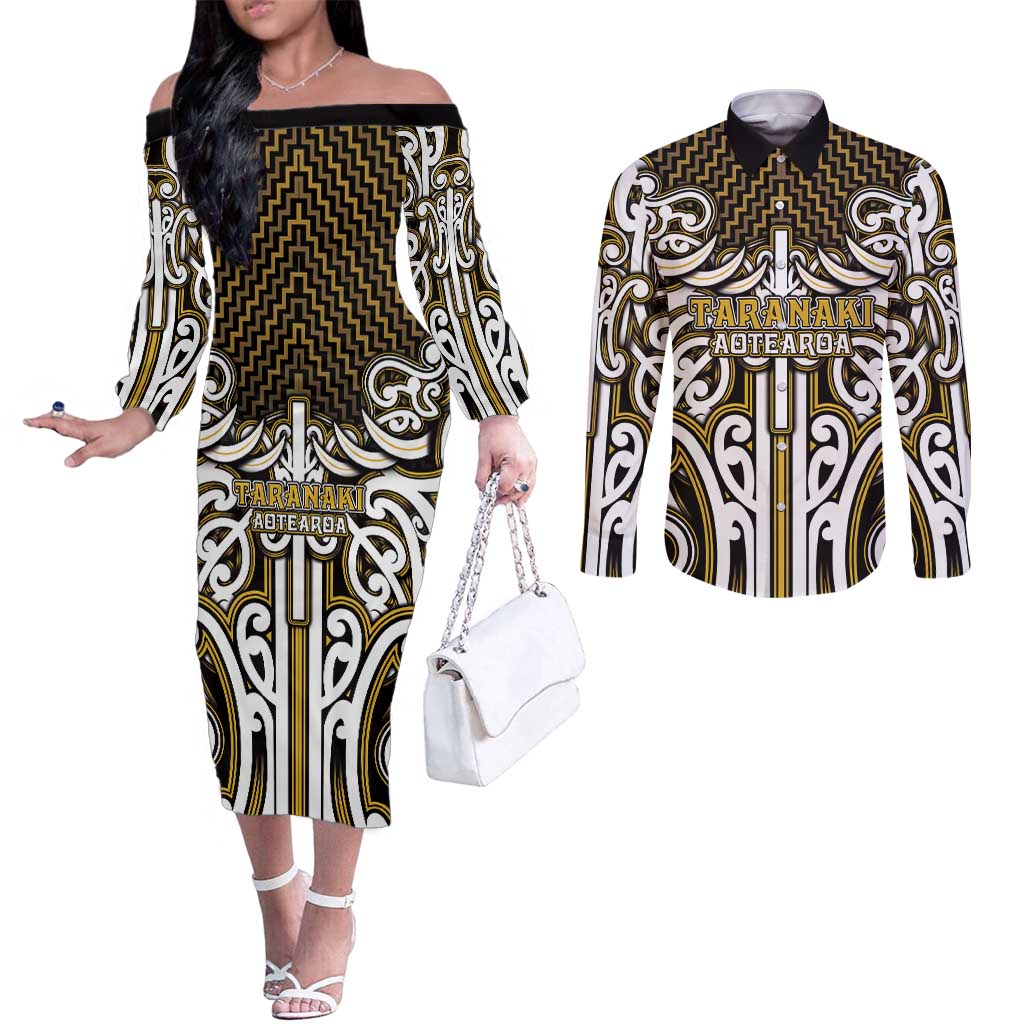Custom Aotearoa Taranaki Couples Matching Off The Shoulder Long Sleeve Dress and Long Sleeve Button Shirt Maori Tribal Pattern Mix Poutama LT05 Yellow - Polynesian Pride