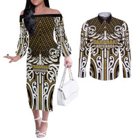 Custom Aotearoa Taranaki Couples Matching Off The Shoulder Long Sleeve Dress and Long Sleeve Button Shirt Maori Tribal Pattern Mix Poutama LT05 Yellow - Polynesian Pride