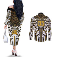 Custom Aotearoa Taranaki Couples Matching Off The Shoulder Long Sleeve Dress and Long Sleeve Button Shirt Maori Tribal Pattern Mix Poutama LT05 - Polynesian Pride