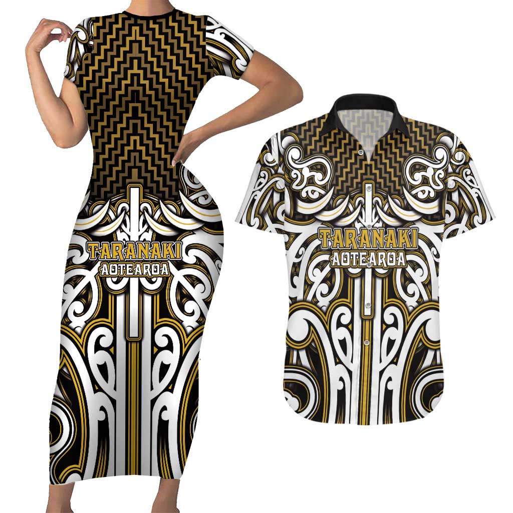 Custom Aotearoa Taranaki Couples Matching Short Sleeve Bodycon Dress and Hawaiian Shirt Maori Tribal Pattern Mix Poutama