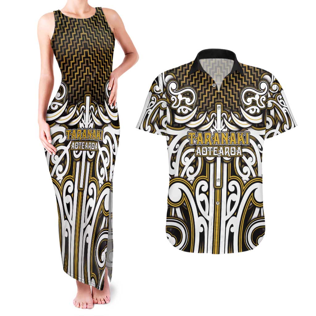 Custom Aotearoa Taranaki Couples Matching Tank Maxi Dress and Hawaiian Shirt Maori Tribal Pattern Mix Poutama