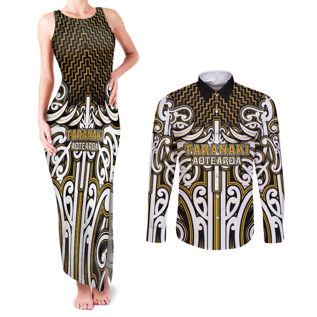 Custom Aotearoa Taranaki Couples Matching Tank Maxi Dress and Long Sleeve Button Shirt Maori Tribal Pattern Mix Poutama
