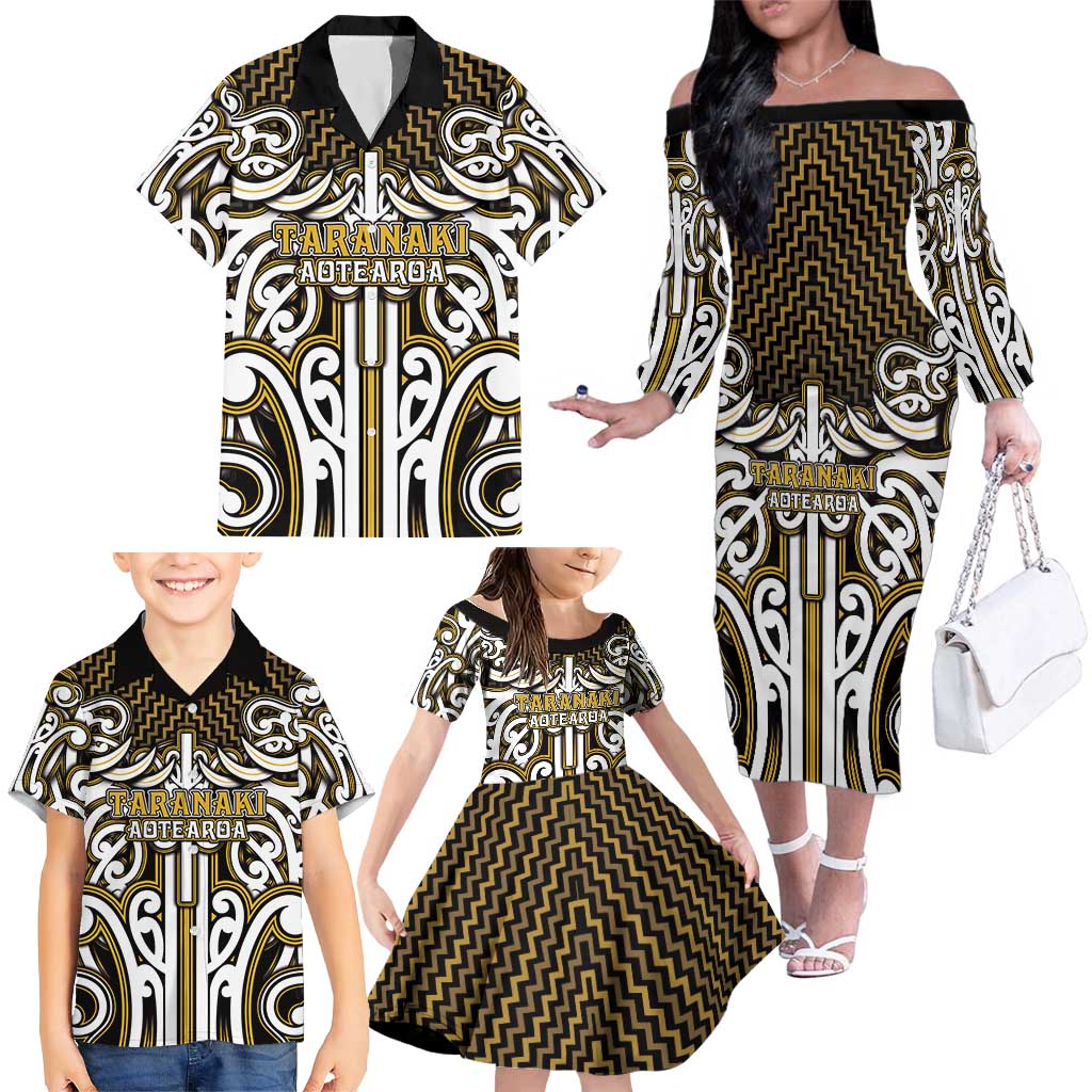 Custom Aotearoa Taranaki Family Matching Off The Shoulder Long Sleeve Dress and Hawaiian Shirt Maori Tribal Pattern Mix Poutama