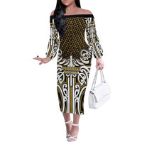 Custom Aotearoa Taranaki Family Matching Off The Shoulder Long Sleeve Dress and Hawaiian Shirt Maori Tribal Pattern Mix Poutama