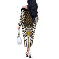 Custom Aotearoa Taranaki Off The Shoulder Long Sleeve Dress Maori Tribal Pattern Mix Poutama LT05 - Polynesian Pride