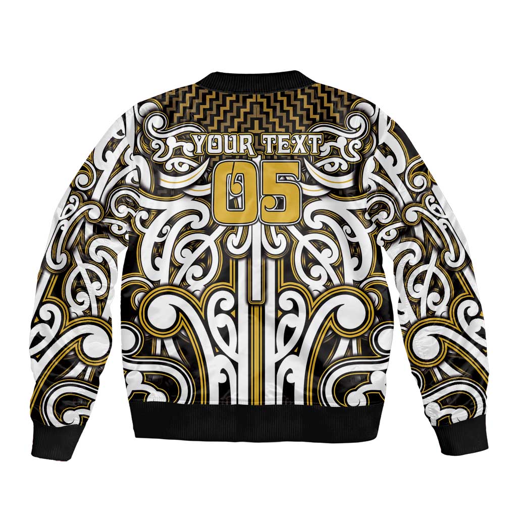 Custom Aotearoa Taranaki Sleeve Zip Bomber Jacket Maori Tribal Pattern Mix Poutama