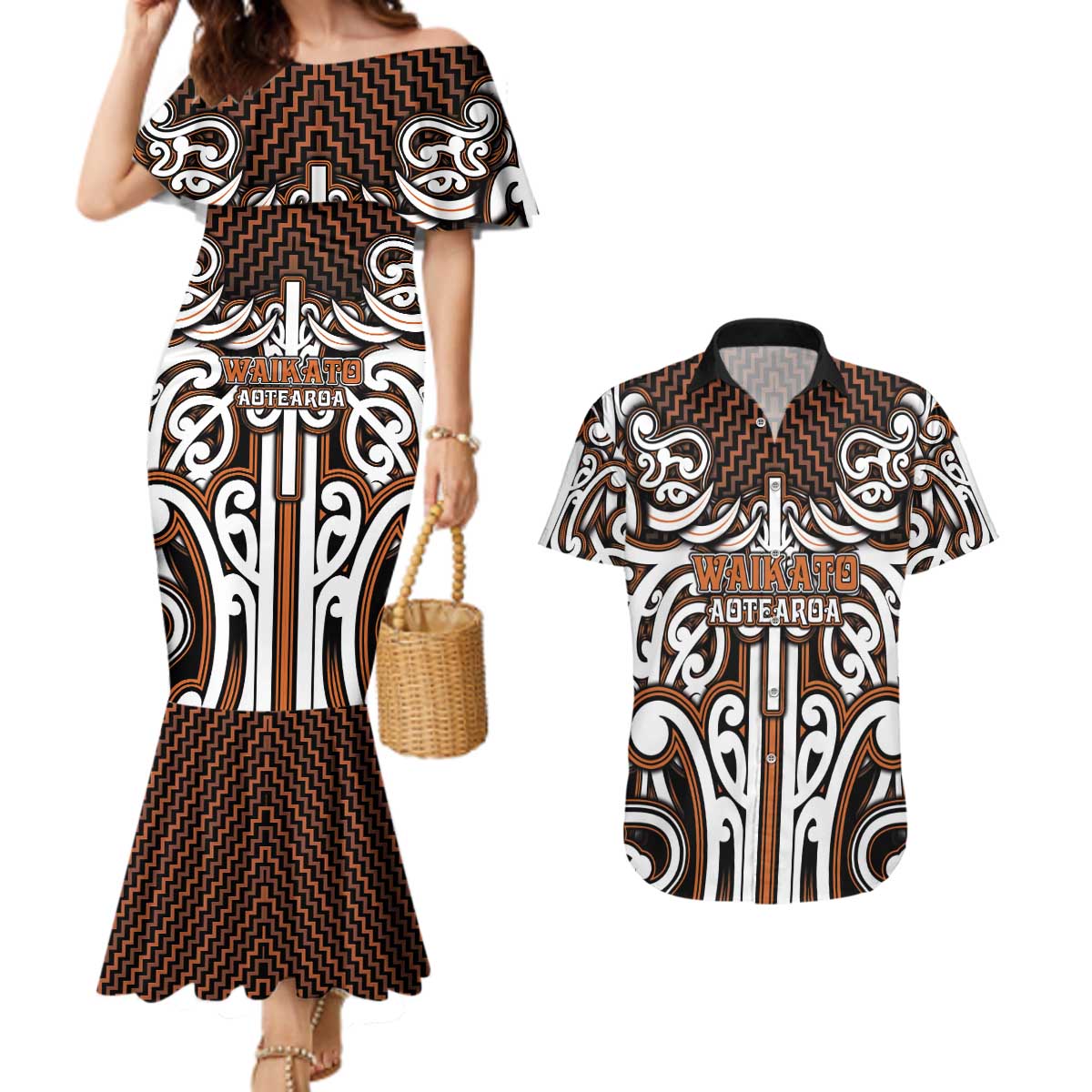 Custom Aotearoa Waikato Couples Matching Mermaid Dress and Hawaiian Shirt Maori Tribal Pattern Mix Poutama LT05 Orange - Polynesian Pride