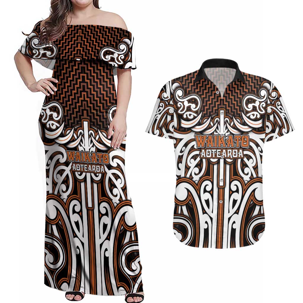 Custom Aotearoa Waikato Couples Matching Off Shoulder Maxi Dress and Hawaiian Shirt Maori Tribal Pattern Mix Poutama LT05 Orange - Polynesian Pride