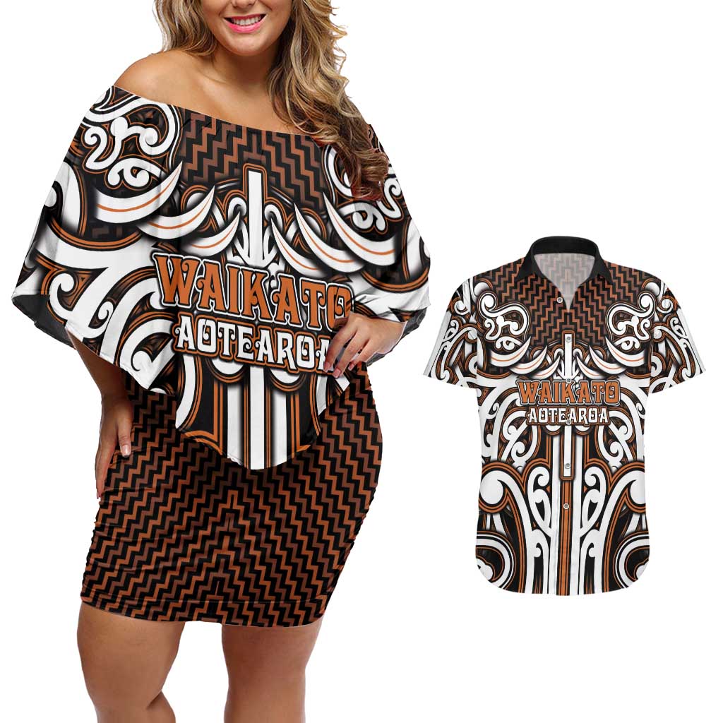 Custom Aotearoa Waikato Couples Matching Off Shoulder Short Dress and Hawaiian Shirt Maori Tribal Pattern Mix Poutama LT05 Orange - Polynesian Pride