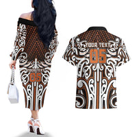Custom Aotearoa Waikato Couples Matching Off The Shoulder Long Sleeve Dress and Hawaiian Shirt Maori Tribal Pattern Mix Poutama