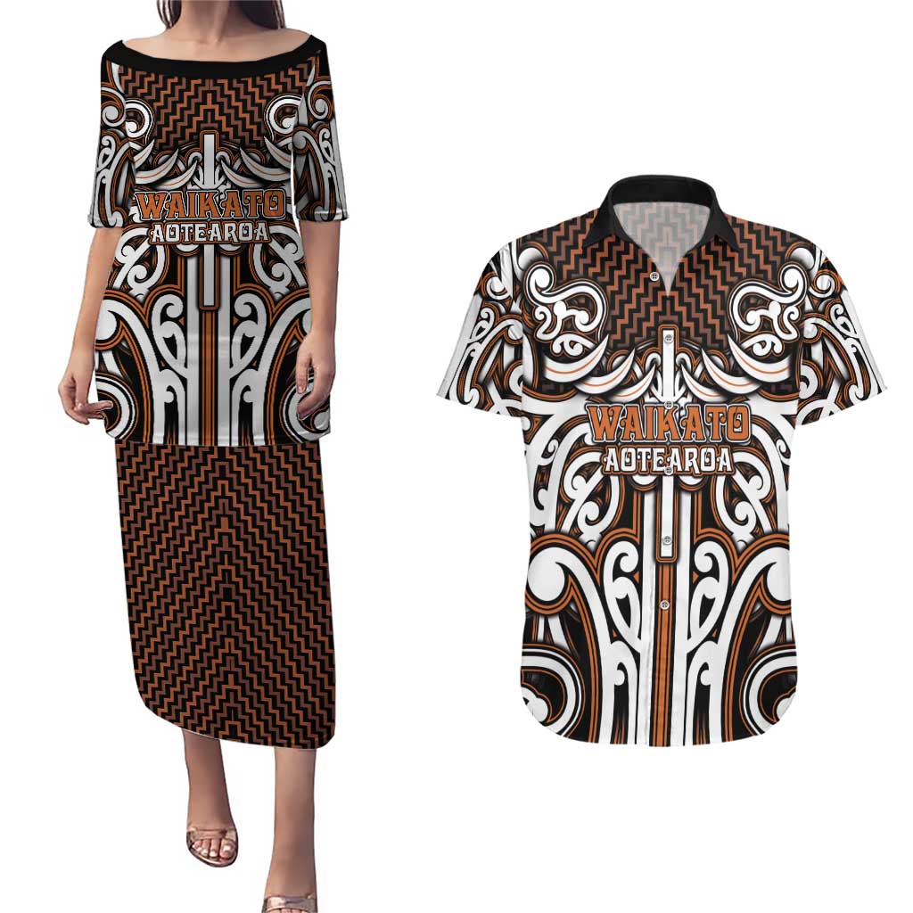 Custom Aotearoa Waikato Couples Matching Puletasi and Hawaiian Shirt Maori Tribal Pattern Mix Poutama