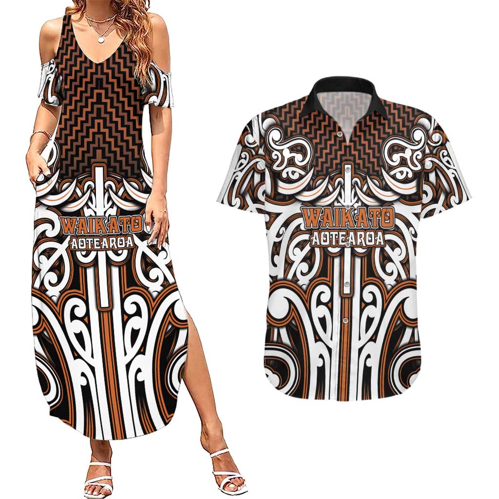 Custom Aotearoa Waikato Couples Matching Summer Maxi Dress and Hawaiian Shirt Maori Tribal Pattern Mix Poutama LT05 Orange - Polynesian Pride