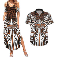Custom Aotearoa Waikato Couples Matching Summer Maxi Dress and Hawaiian Shirt Maori Tribal Pattern Mix Poutama LT05 Orange - Polynesian Pride