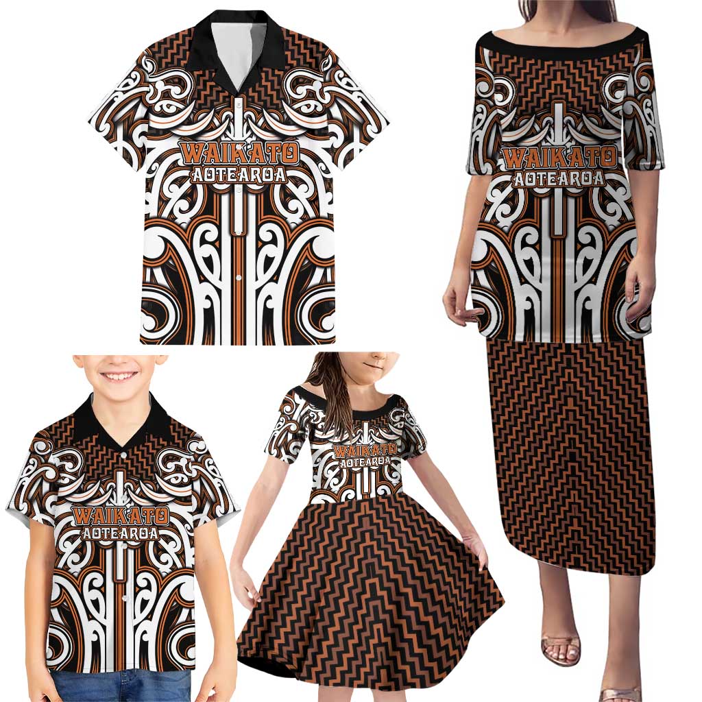 Custom Aotearoa Waikato Family Matching Puletasi and Hawaiian Shirt Maori Tribal Pattern Mix Poutama