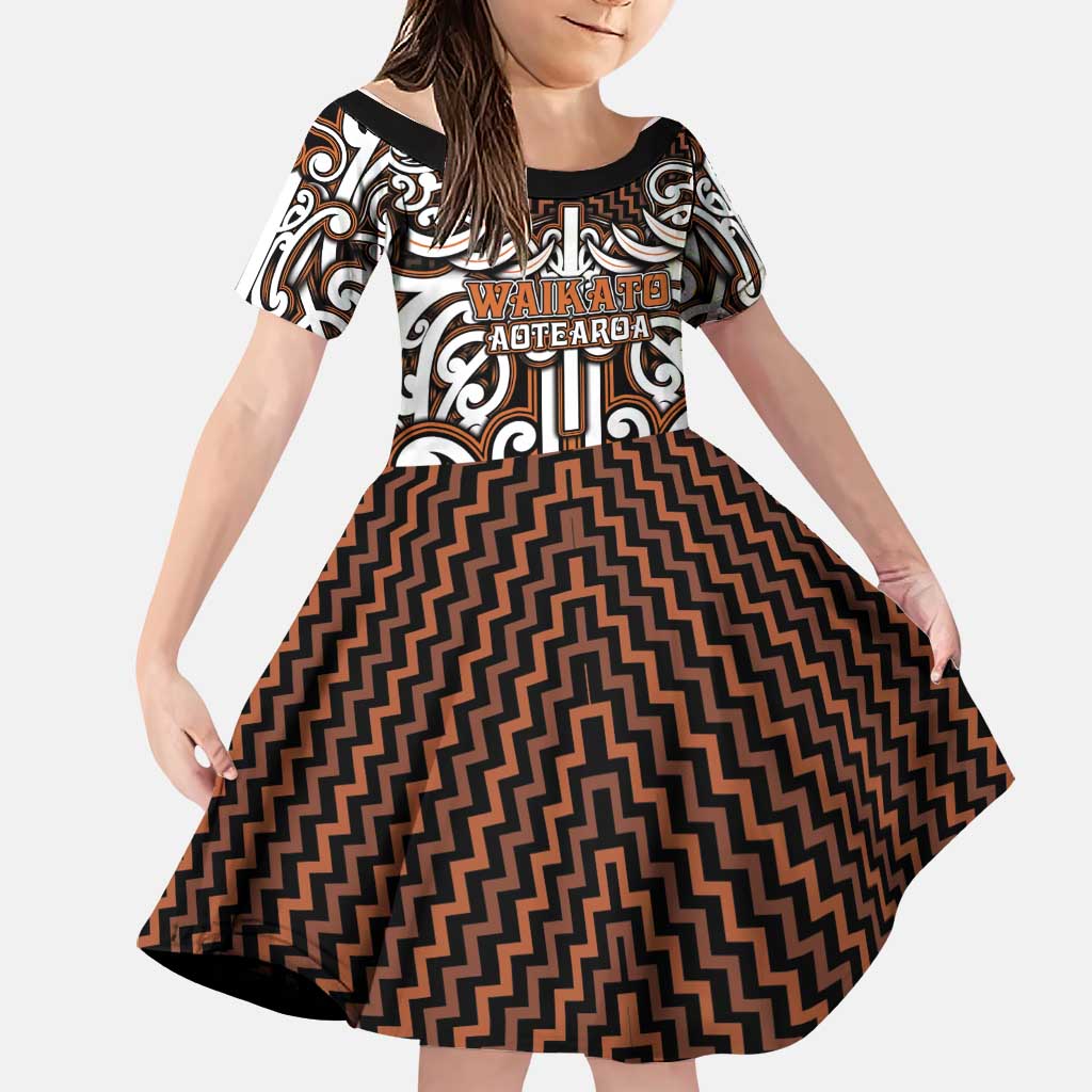 Custom Aotearoa Waikato Family Matching Short Sleeve Bodycon Dress and Hawaiian Shirt Maori Tribal Pattern Mix Poutama LT05 Daughter's Dress Orange - Polynesian Pride